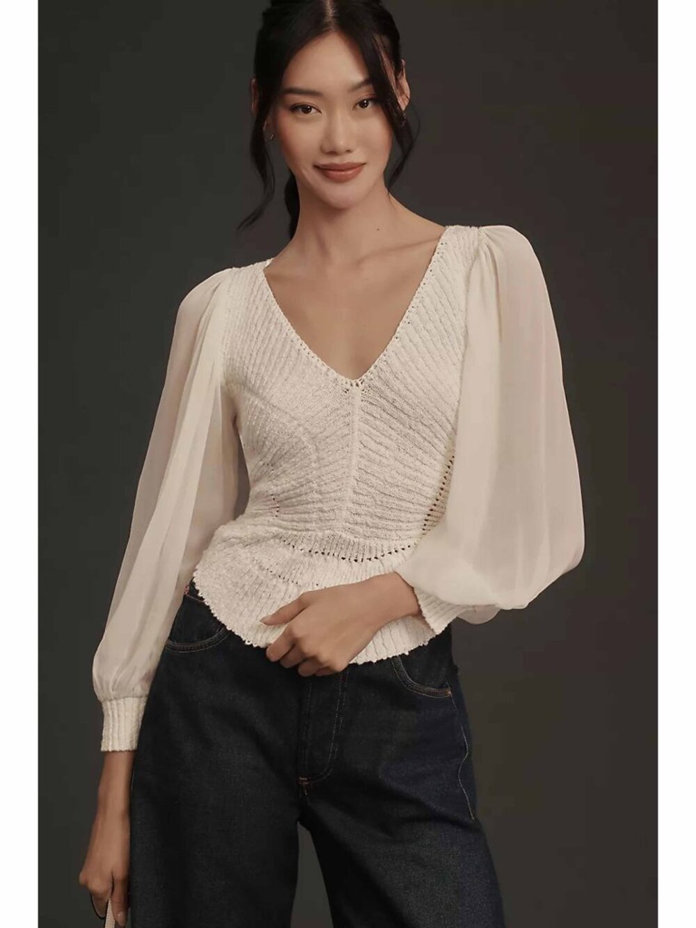 NWT By Anthropologie Sheer Long-Sleeve V-Neck Sweater